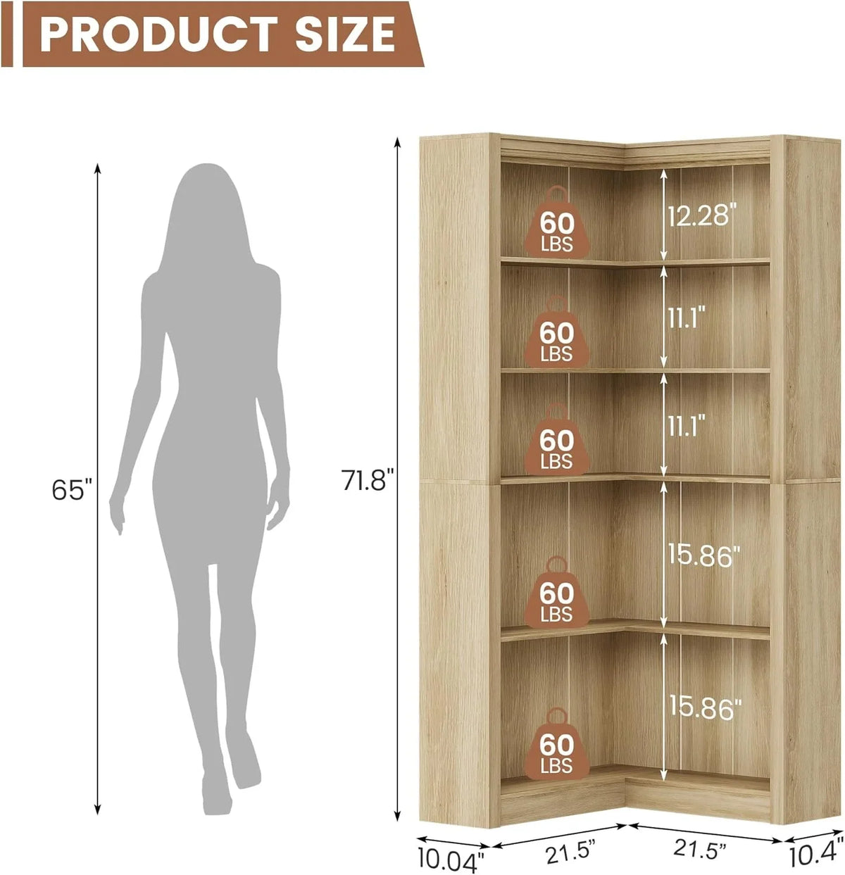 Studyset Corner Bookshelf Farmhouse Corner Bookcase 71.8'' Tall Bookcase, L-Shaped Large Display Shelf 5 Tier L-Shaped Bookshelf Large Shelf w/Anti-Tipping Kit, Bookcases with Storage Heavy Duty