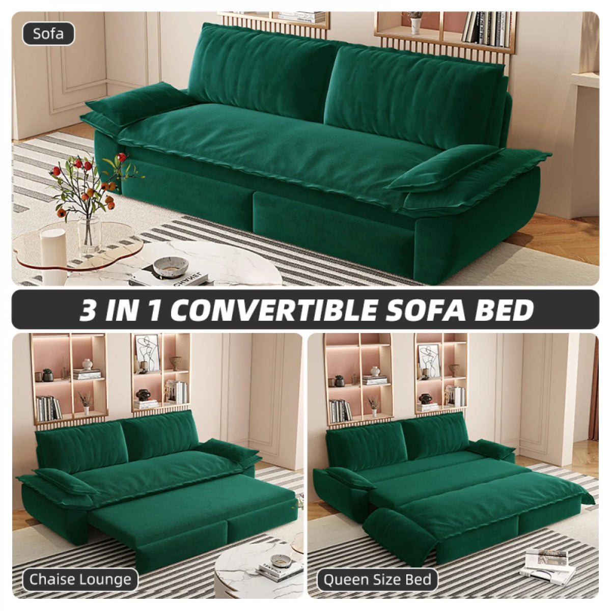 66" Queen Pull Out Sofa Bed, 3-in-1 Convertible Sleeper Sofa with Side Storage,Multi-Functional Velvet Loveseat Bed for Living Room,Bedroom