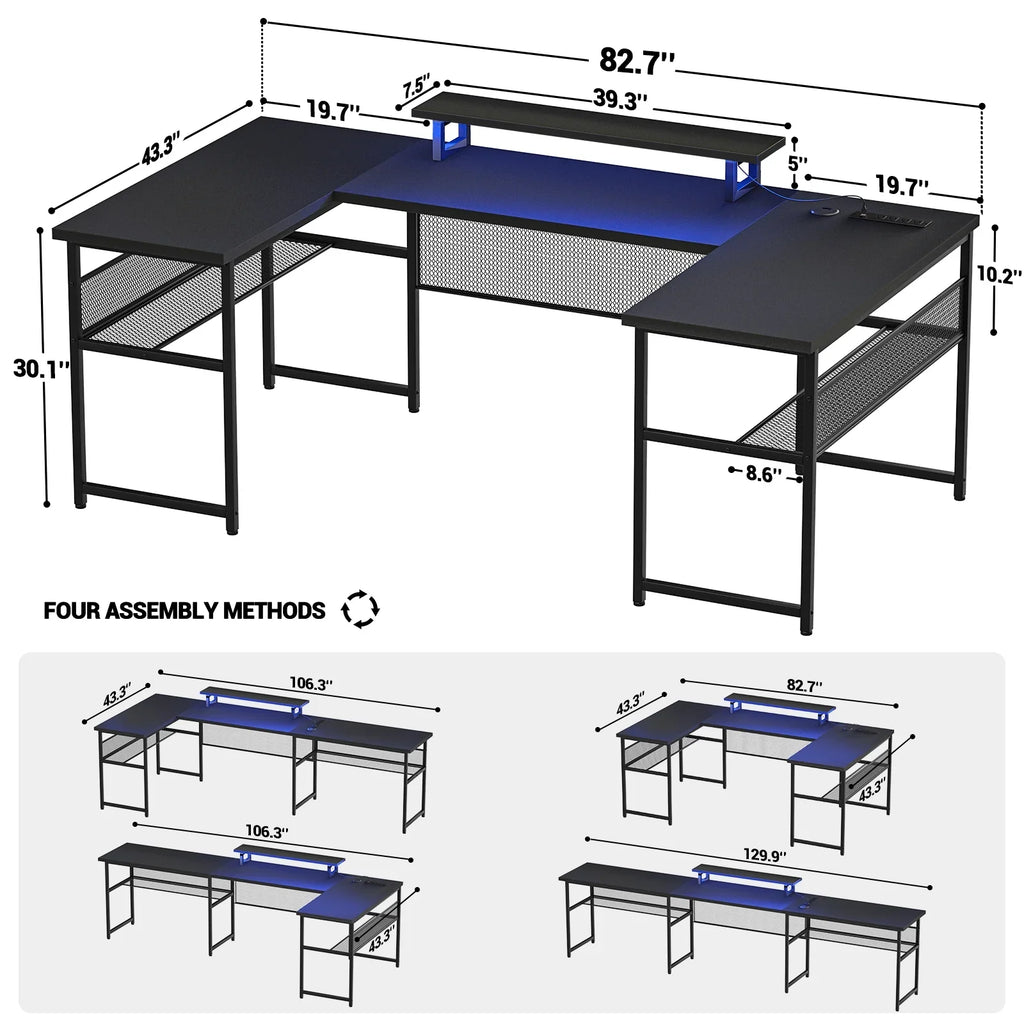 Homieasy U Shaped Desk with Power Outlet and LED Strips, 129.9'' Ergonomic L-Shaped Gaming Desk with Monitor Stand, Reversible Corner Computer Desk with Storage Shelf for Home Office, White Oak