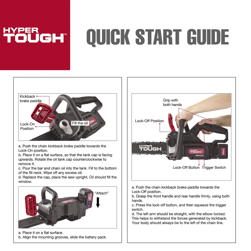 Hyper Tough 20V 4.0Ah Battery Powered 12in Brushless Chainsaw, HT22-401-03-03