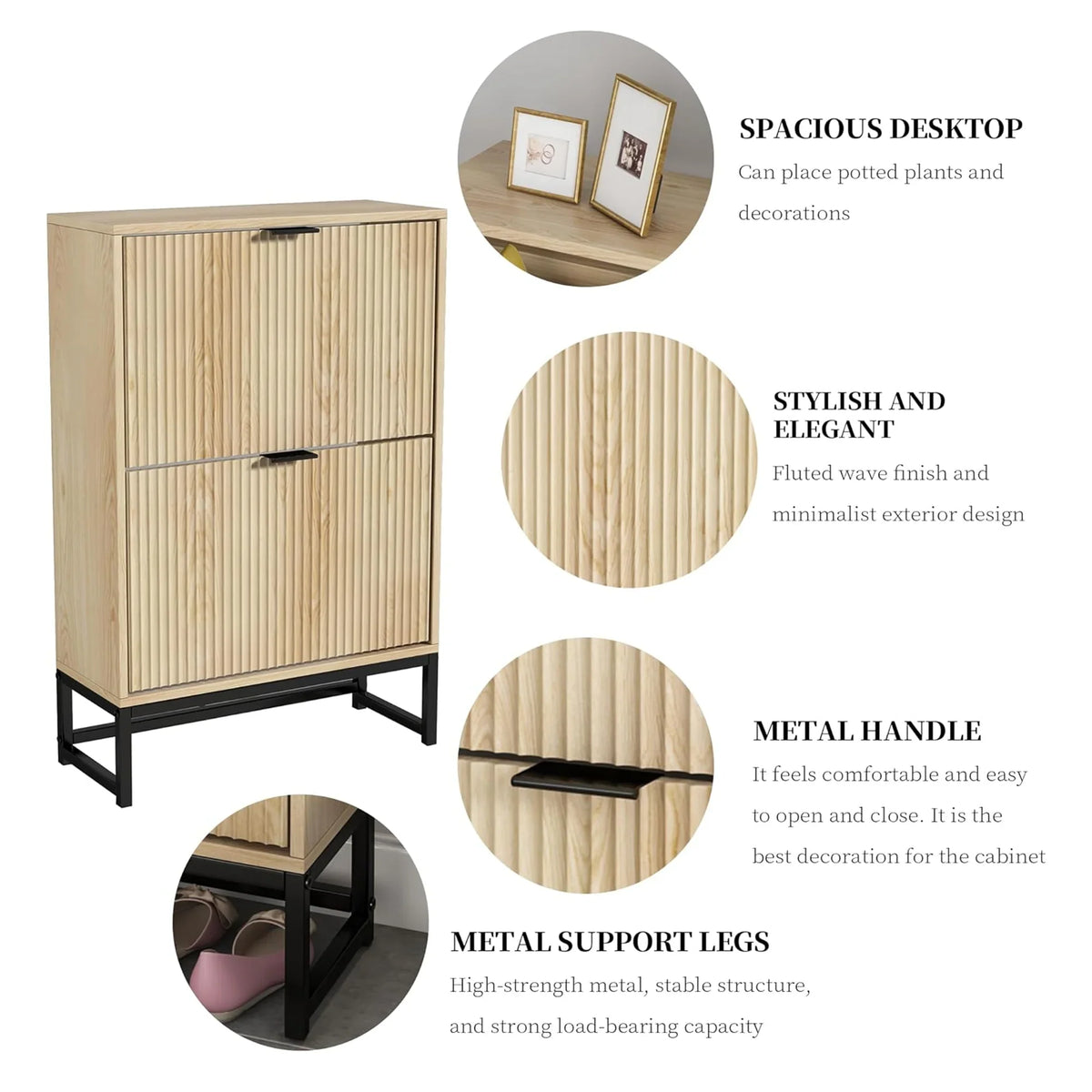Oubayajia Modern Shoe Storage Cabinet, Wood Shoe Rack Organizer with 2 Flip Drawers, Freestanding Narrow Shoe Cabinet for Entryway Hallway, Natural