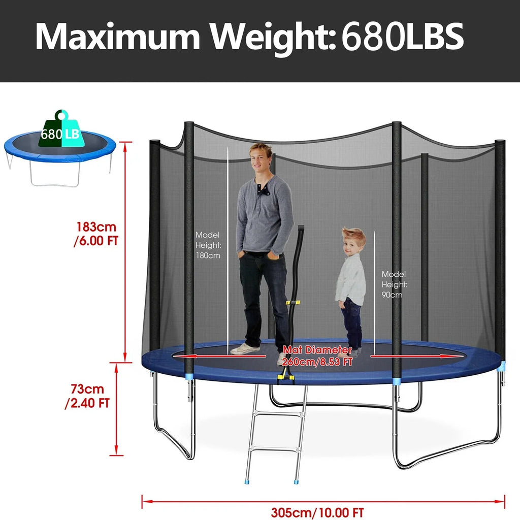 SUGIFT 10ft Trampoline with Safe Enclosure Net 680 lbs Outdoor Fitness Trampoline, Blue