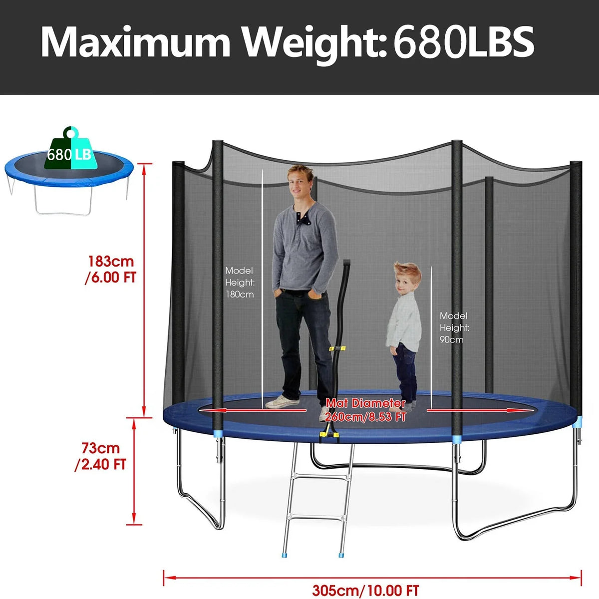 SUGIFT 10ft Trampoline with Safe Enclosure Net 680 lbs Outdoor Fitness Trampoline, Blue