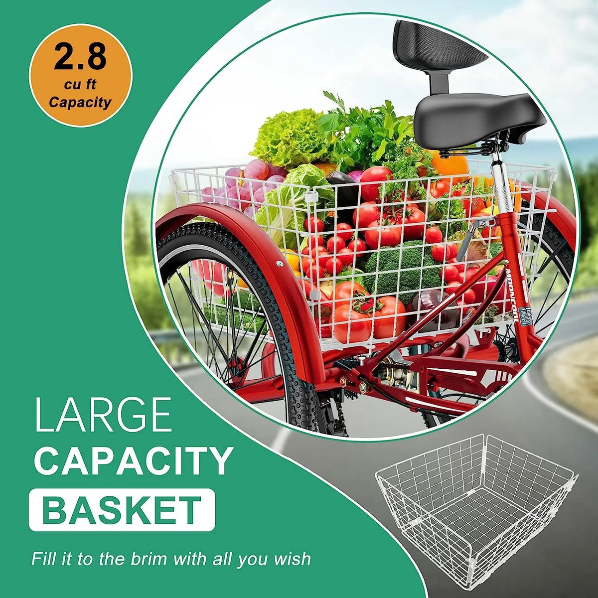 MOONCOOL Adult Tricycles with Rear Basket & Inflator, 24 26 inch 7 Speed 3 Wheel Bikes, Three-Wheeled Bicycles Adult Trike with Backrest for Seniors, Women, Men