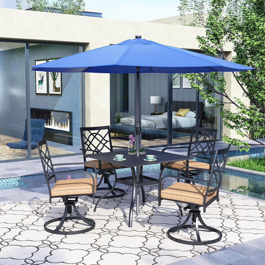 SUNCROWN 5-Piece Outdoor Wrought Iron Chairs and Table Patio Dining Furniture Set - 4 Stackable Metal Chairs, 1 Steel Slat Bistro Table and 1 Sky Blue 9Ft Patio Umbrella for Garden Backyard Deck