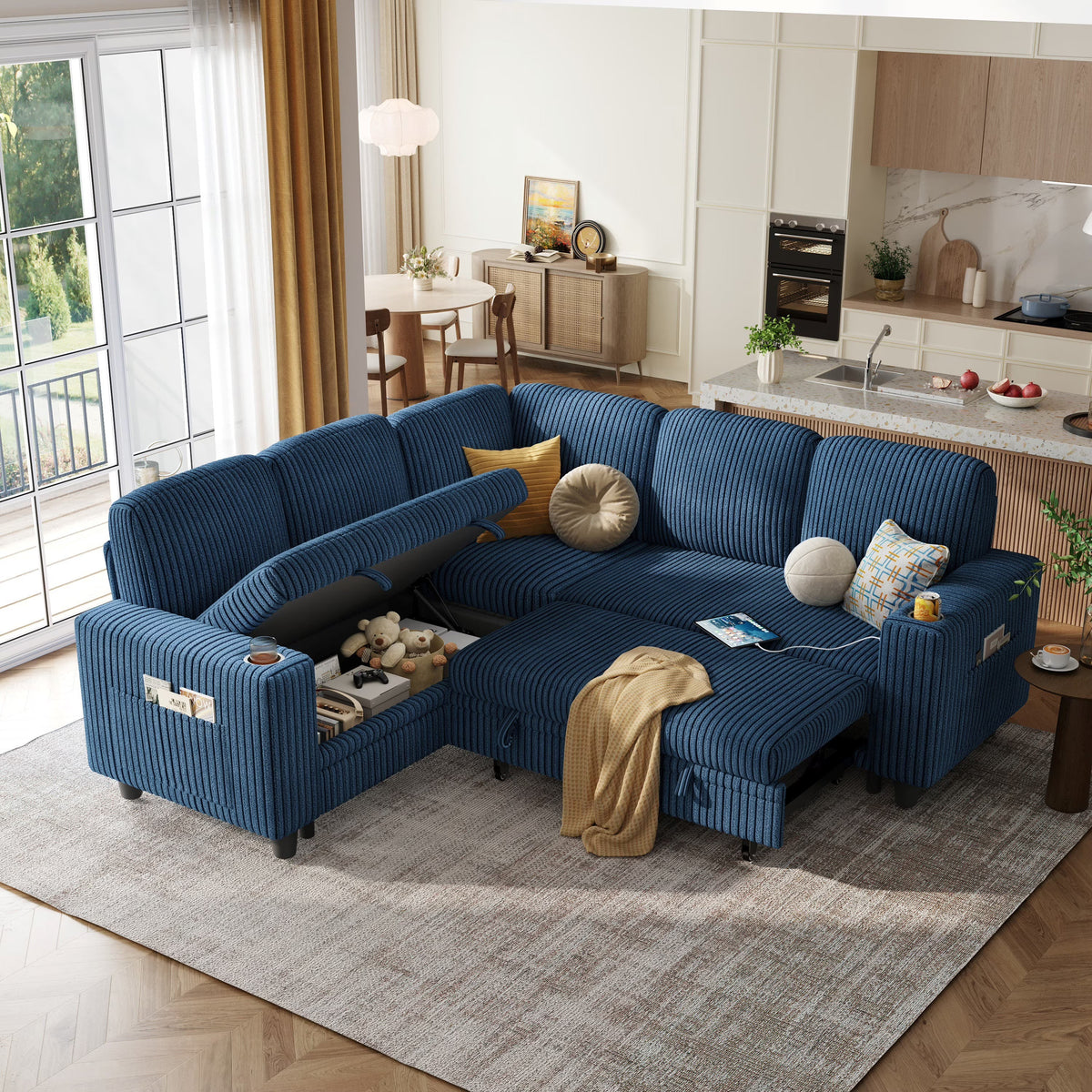 Linsy Home Storage Sectional Sleeper Sofa with Pull Out Bed, 9 Seat Modular Sectional Sofa with with USB & Cup Holder, Plush Corduroy Sectional Couches for Living Room, Green