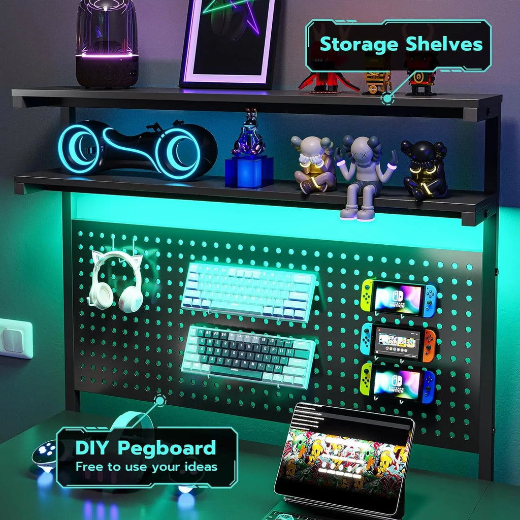 SEDETA White L Shaped Gaming Desk with LED Lights and Drawers, Gaming Desk with Hutch & Pegboard, Computer Desk with Monitor Stand, Storage Shelves, Home Office Desk Corner Desk, Gaming Table