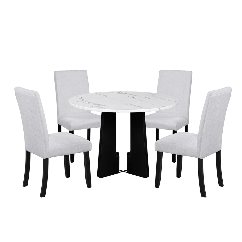 EUROCO 5-Piece Round Dining Table Set for 4, 43.3'' Kitchen Room Table with 4 Upholstered Chairs and Solid Wood Frame,Kitchen Table Set for Home Living Dining Room, Grey & Black