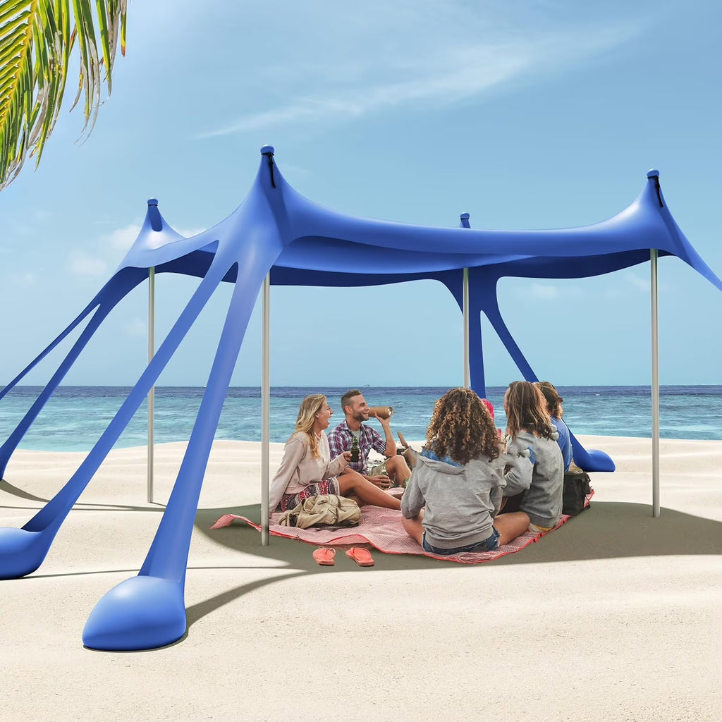 Beach Tent Canopy with 8 Sandbags 4 Aluminum Poles, Pop Up Portable Camping Sun Shelter, Easy Set Up with 2 Sand Shovel, Ground Pegs, Carrying Bag for Outdoor Beach,Picnic, Fishing