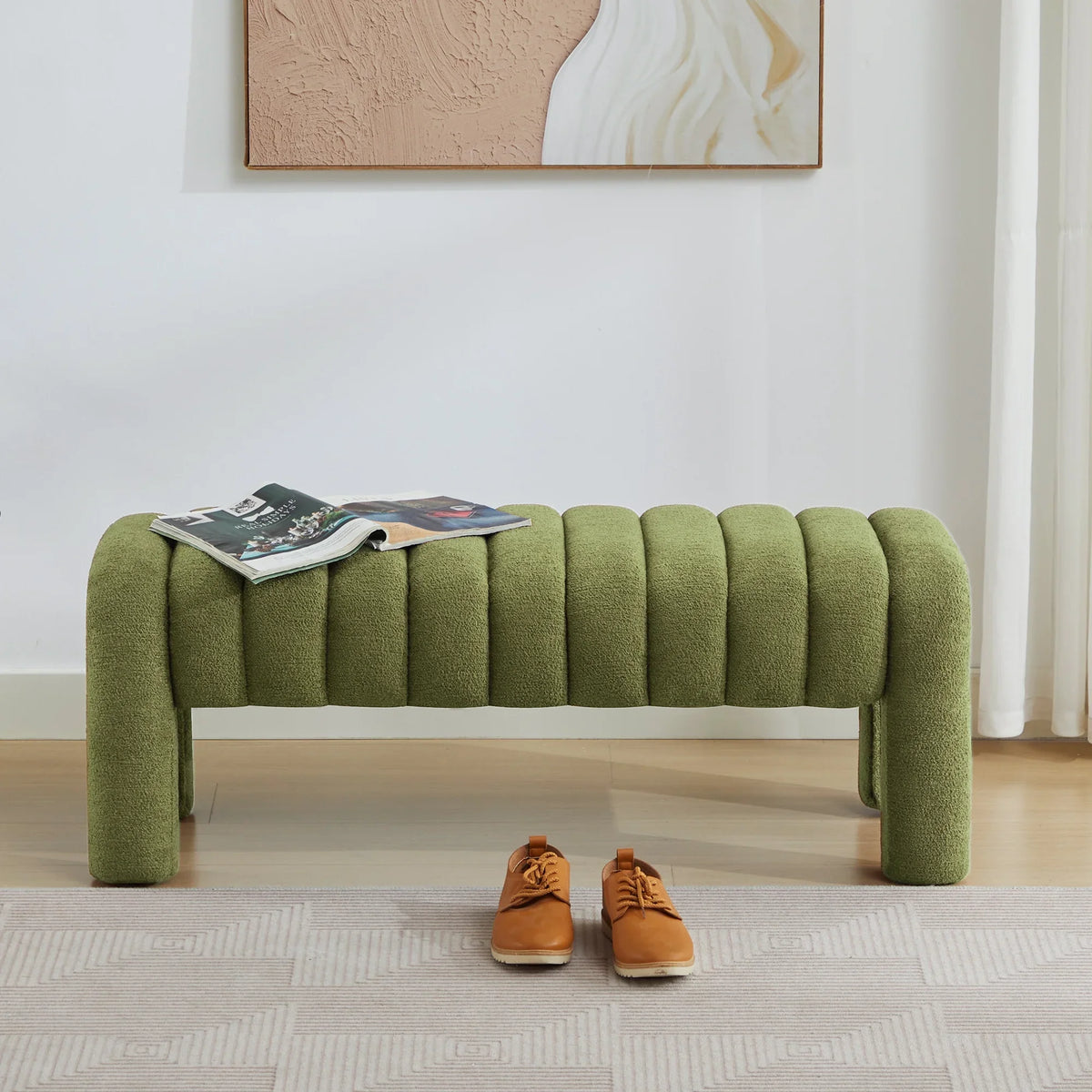 Zesthouse 63" End of Bed Bench, Linen Tufted Upholstered Ottoman Bench with Padded Seat and Solid Wood Leg, Modern Entryway Bench for Bedroom, Living Room, Beige