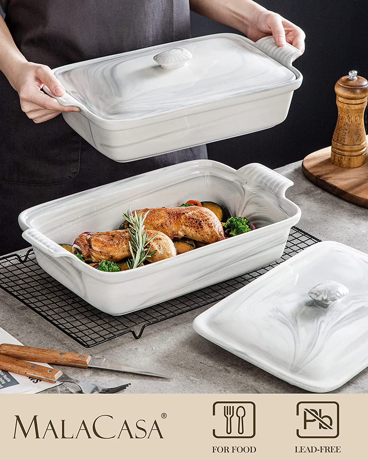 Large Ceramic Casserole Dish with Lid, 4.4 Quart Baking Pan for Oven, Microwave & Dishwasher