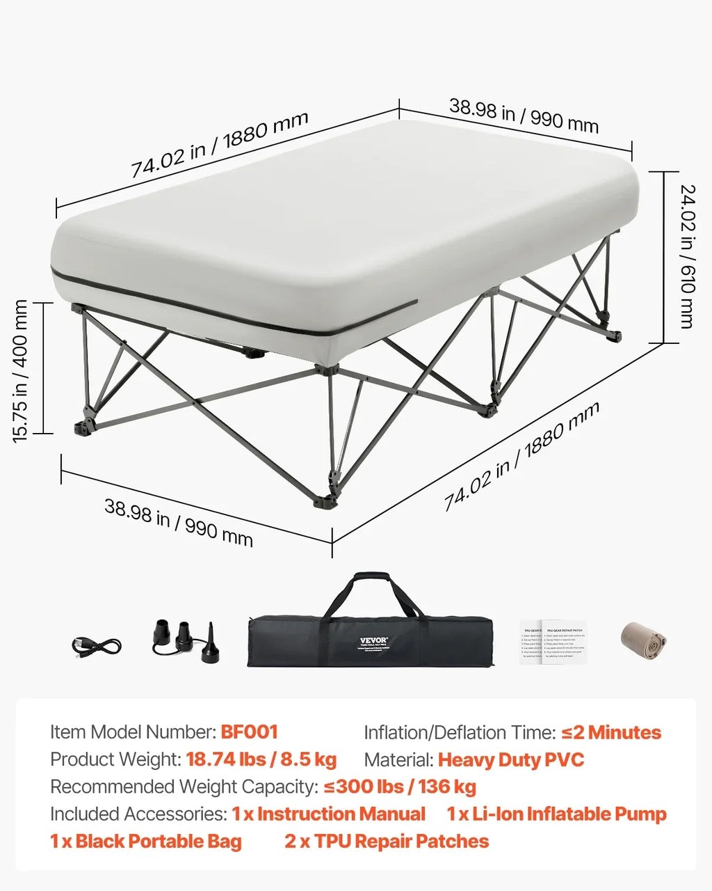 VEVOR Air Mattress Twin with Frame, 1 Person Inflatable Mattress with Pump & Rolling Carry Case,Portable Folding Blow Up Mattress Supports 300lbs,Fast Inflating Air Bed for Home,Guests & Camping