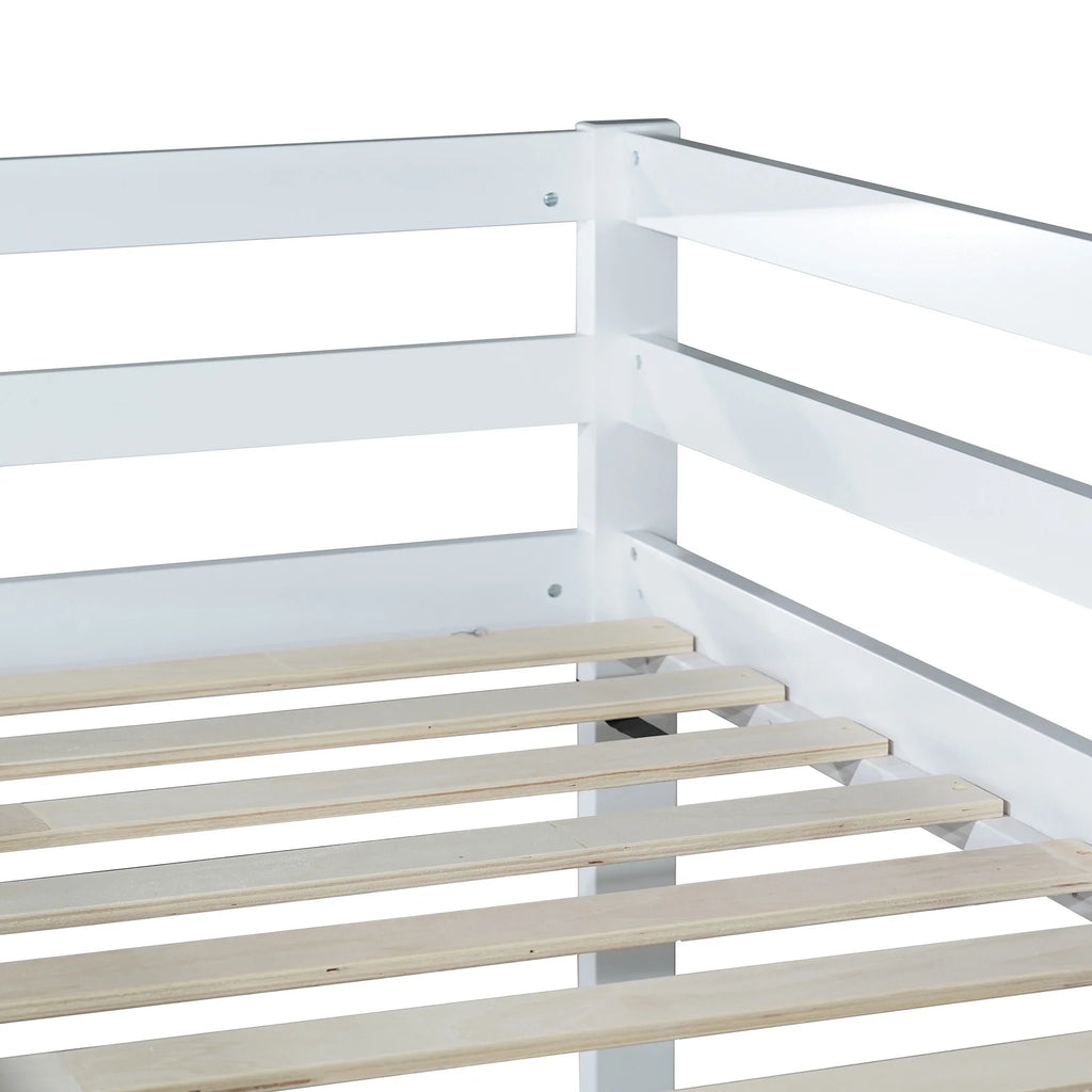 Twin Over Twin Floor Bunk Bed, UHOMEPRO Solid Wood Low Bunk Bed with Safety Rail, Ladder, Heavy Duty Bunk Beds, Space-Saving Bedroom Dorm Furniture, Gray