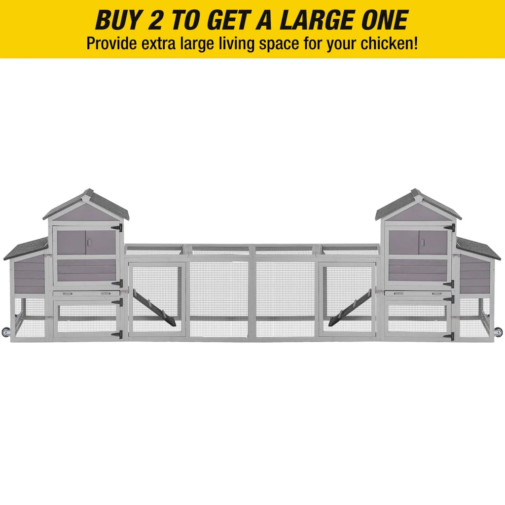 Aivituvin Mobile Chicken Coop with Wheels & Nesting Box for Outdoor, Expandable Wood Chicken House with Leakproof Pull-Out Tray and UV-Resistant Roof Panel, Gray