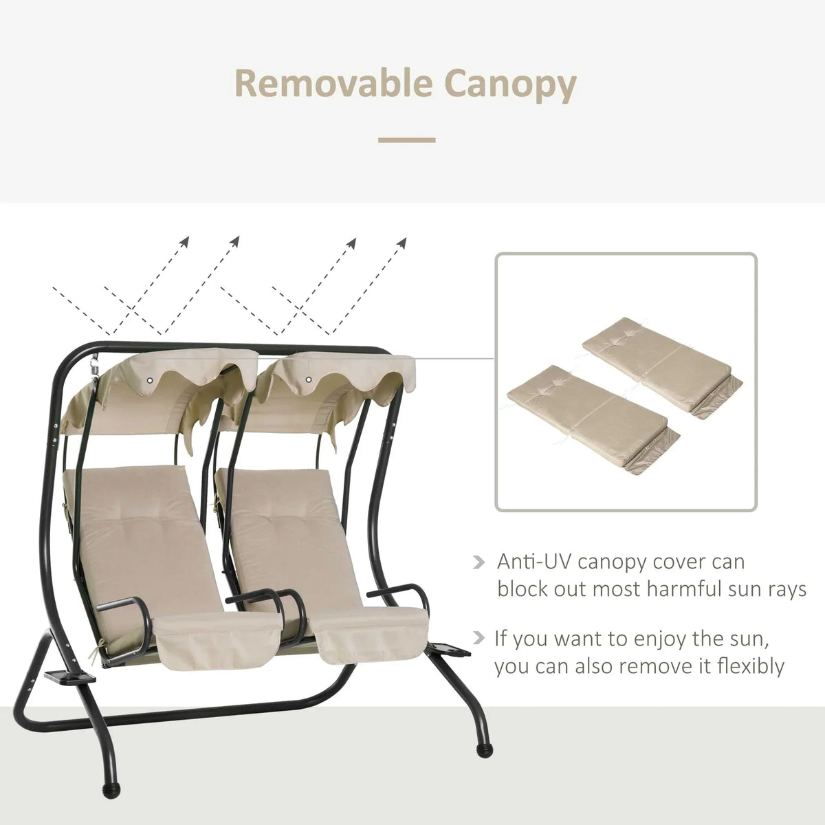 Outsunny 2-Seat Modern Steel Canopy Porch Swing with Cup Holder and Cushions, Beige/Black