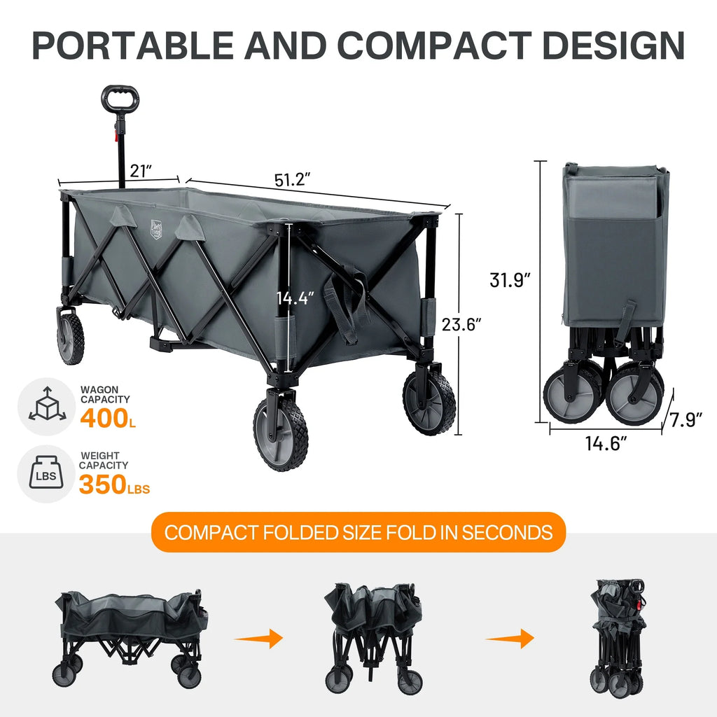 TIMBER RIDGE 400L Collapsible Wagon with Cargo Net, 51.2'' Extended Foldable Heavy Duty Cart for Sports, Shopping, Camping, Grey