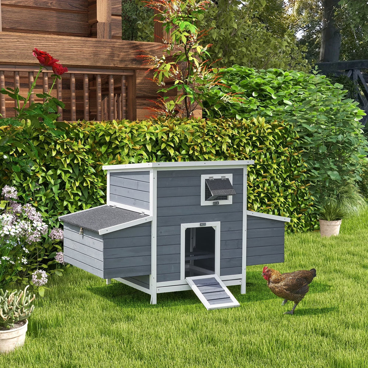 59" Large Chicken Coop for 2-6 Chickens, Wooden Hen House with 4 Nesting Boxes, Outdoor Poultry Cage Rabbit Cage w/Ramps & Ventilation Window, 59''L*33.5''W*38.6''H
