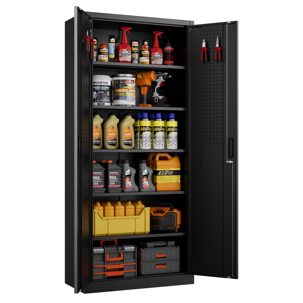 GAEANET 2 Door Metal Storage Cabinet with 5 Adjustable Shelves &Pegboard, 71" H"32" W"16" D Locking Steel Garage Cabinet, for Garage,Office,Home,Gym,School, File Cabinet,Assembly Required, Black