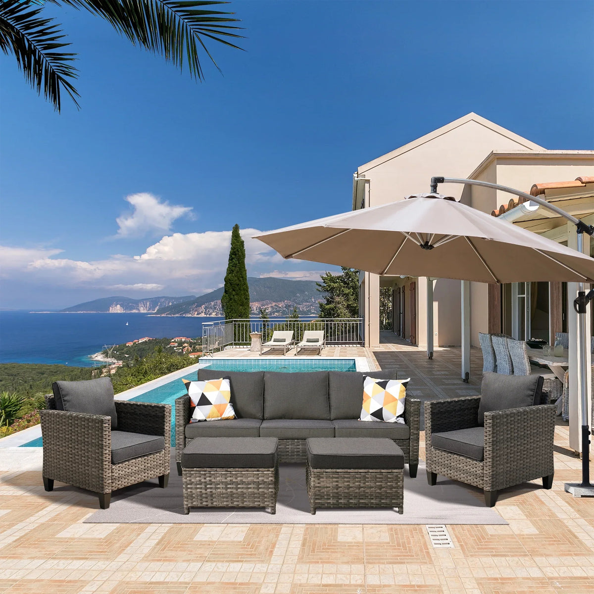 Ovios 5 Pieces Outdoor Patio Furniture Set Wicker Rattan Outdoor Conversation Comfortable Sectional Sofa with Steel Frame, Grey