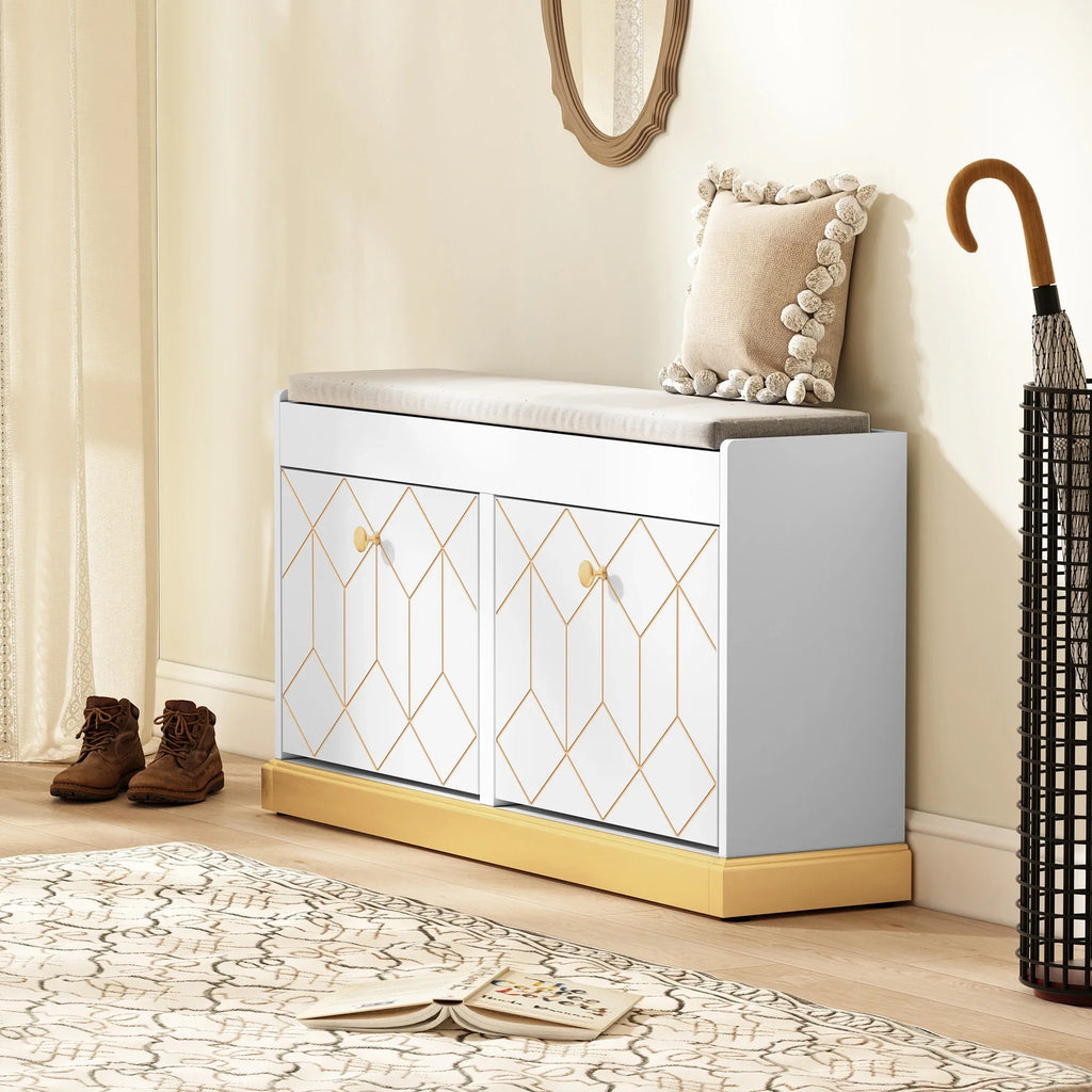 HLR White Shoe Cabinet, Shoe Cabinet with 2 Drawers Shoe Storage, Entryway Bench with Padded Seat