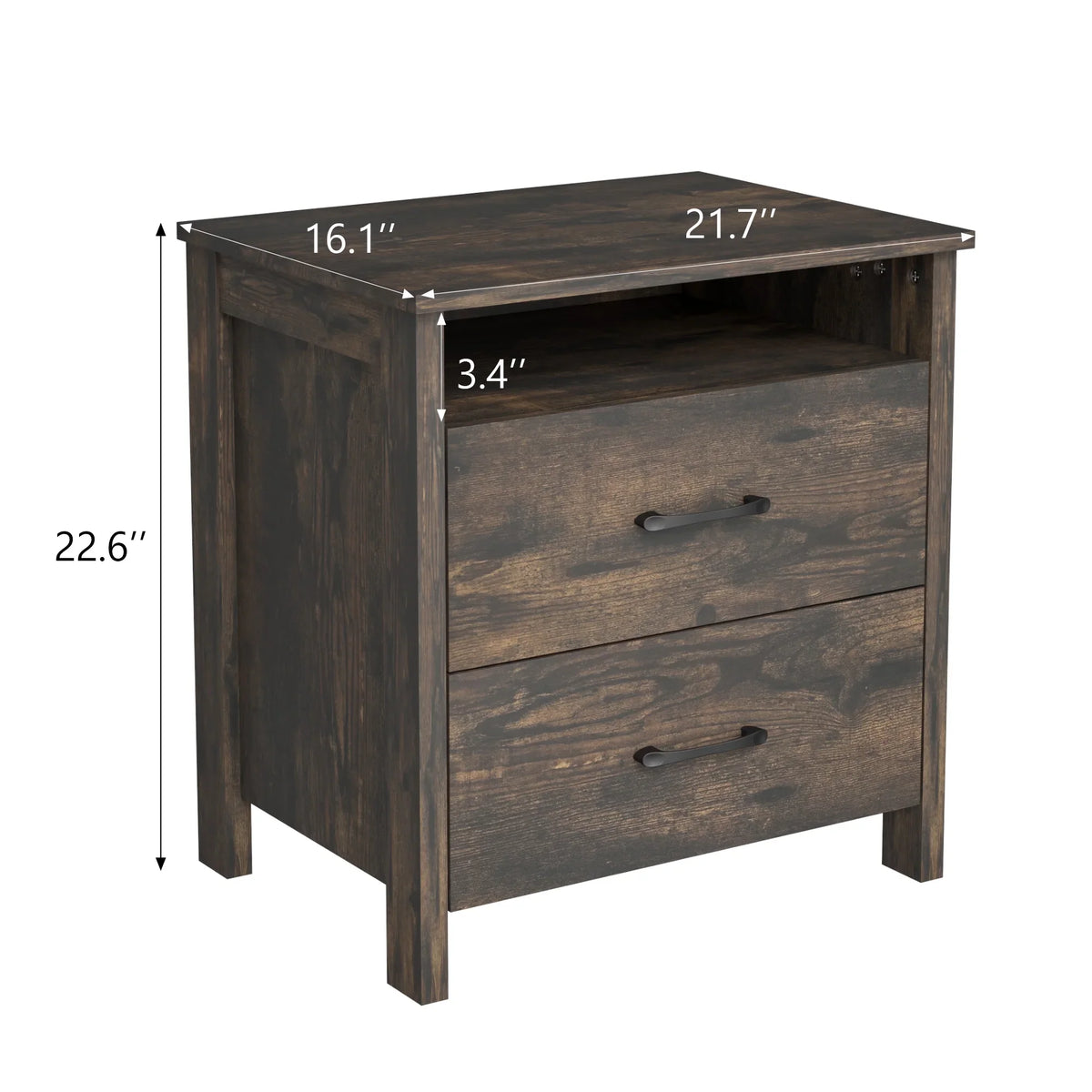 Farmhouse Nightstand with 2 Drawers, Rustic Grey Bedside Table with Open Shelf, Wooden Side End Table for Bedroom