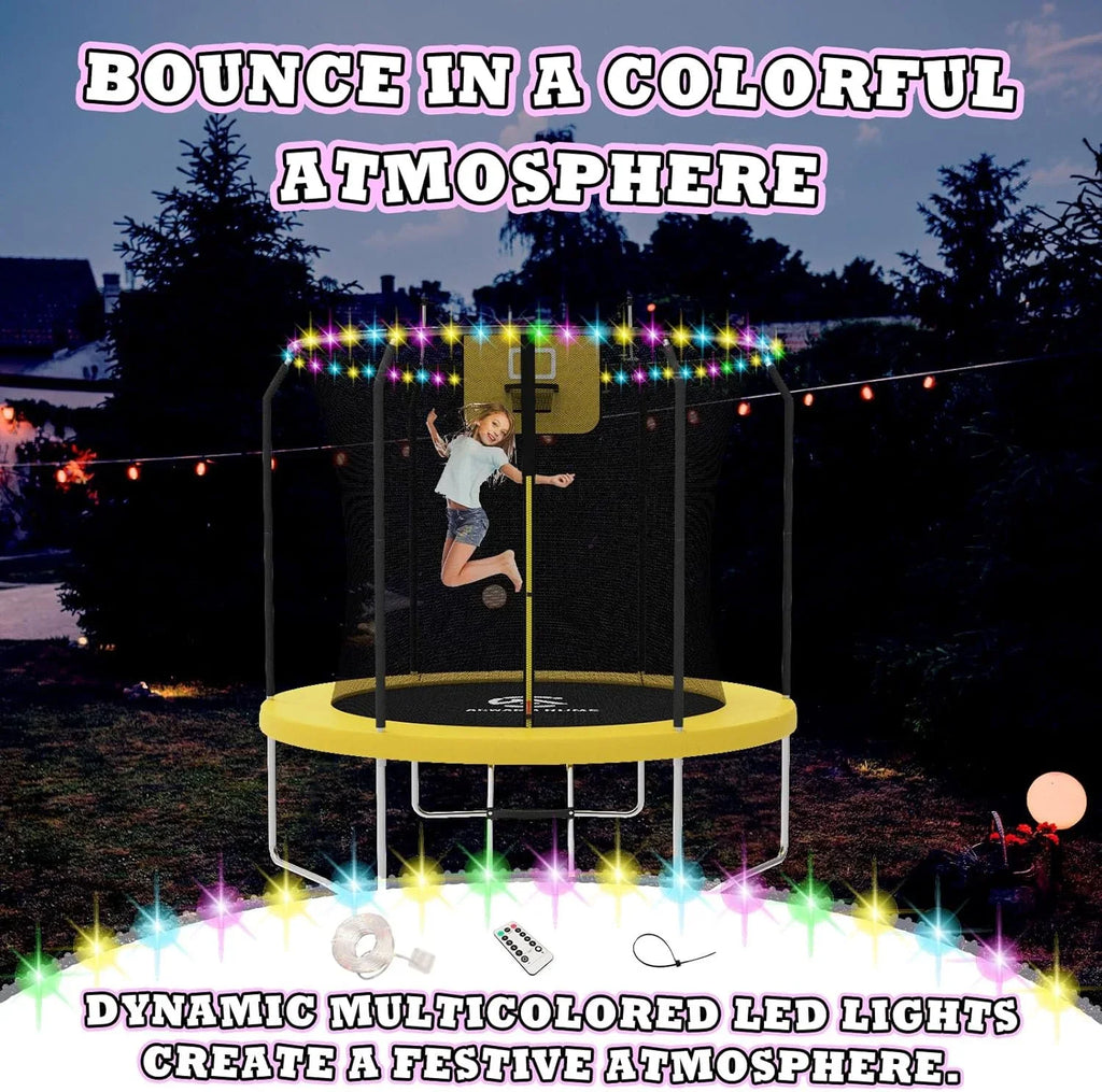 ACWARM HOME 8FT Trampoline with Enclosure Net,Basketball Hoop,Ladder, Light,Outdoor Heavy Duty Round,Purple