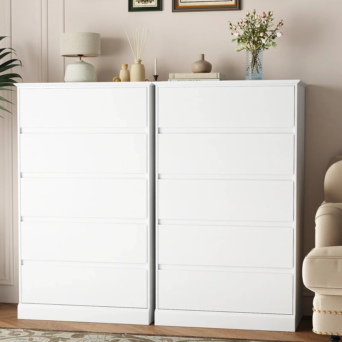 2 PCS Dresser for Bedroom, 5 Drawer Dresser Black Chest of Drawers for Living Room Dressing Room Entryway -2PCS