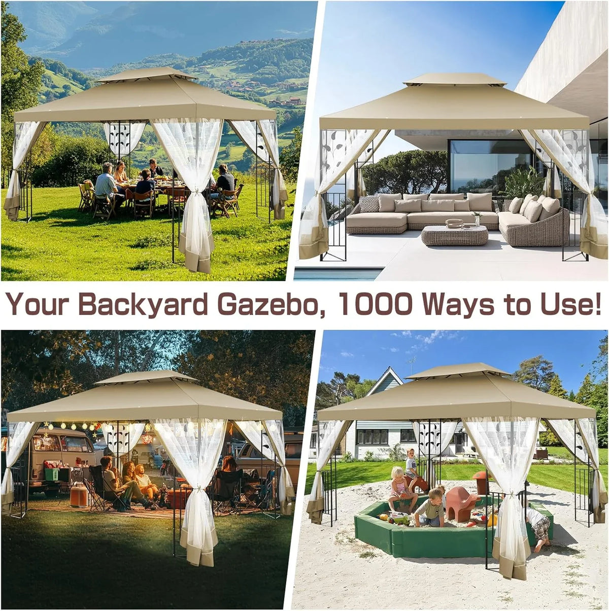 COBIZI 10' x 13' Pop Up Gazebo, Screened Patio Gazebo, Outdoor Steel Double Roof Canopy Tent, Metal Frame Canopy with Mosquito Netting, Sunshade for Garden, Lawns, Gray