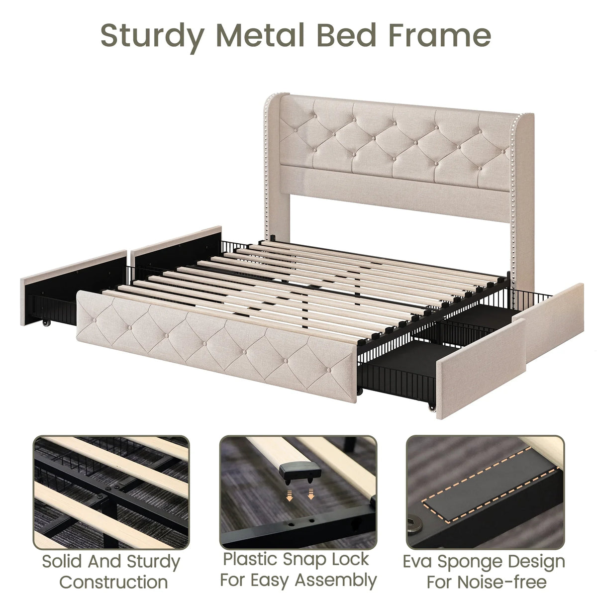LARMACE Queen Size Platform Bed Frame with 4 Storage Drawers and Tufted Headboard Linen Upholstered Bed Wingback Bed Frame with Wooden Slats Support, Easy Assembly, Light Grey