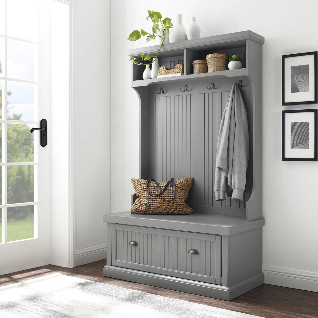 Crosley Furniture Seaside Coastal Wood Hall Tree in Distressed Gray and Chrome