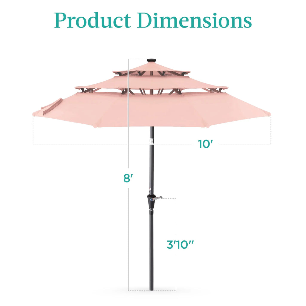 Best Choice Products 10ft 3-Tier Solar Patio Umbrella w/ 24 LED Lights, Tilt Adjustment, Easy Crank - Tan