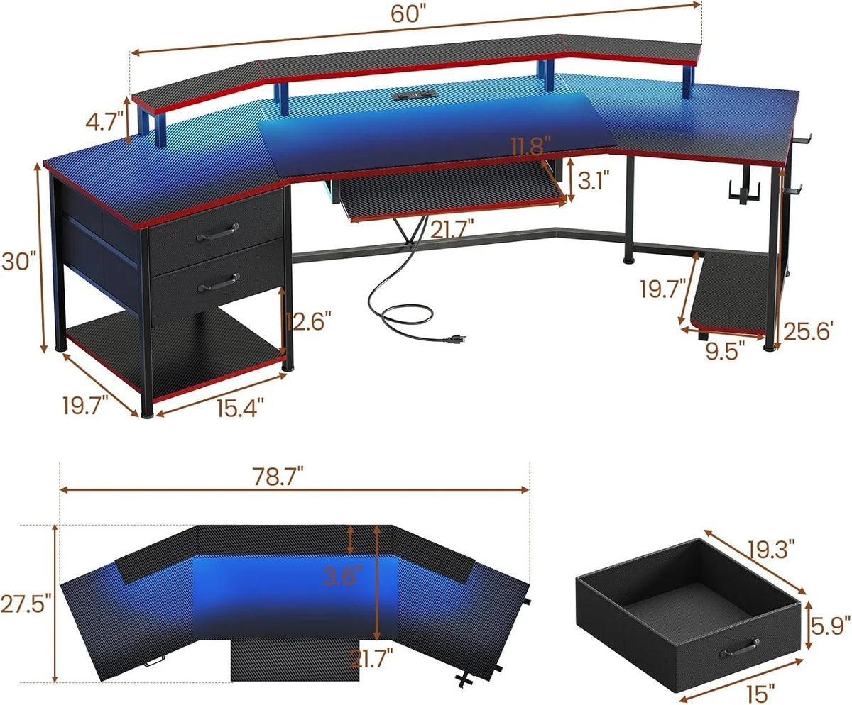 79" Gaming Desk with LED Lights and Power Outlets, U Shaped Desk with Monitor Stand and Drawers, Gaming Table with Keyboard Tray, Cup Holder and CPU Stand for Bedroom, Carbon Fiber Black