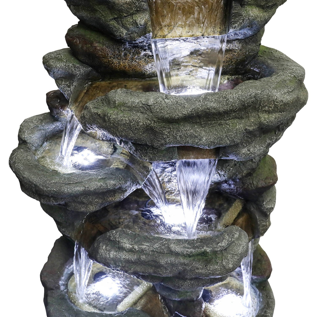 51" H Outdoor Water Fountain - 7-Tiers Rock Waterfall Fountain with LED Lights for Home Garden Decor