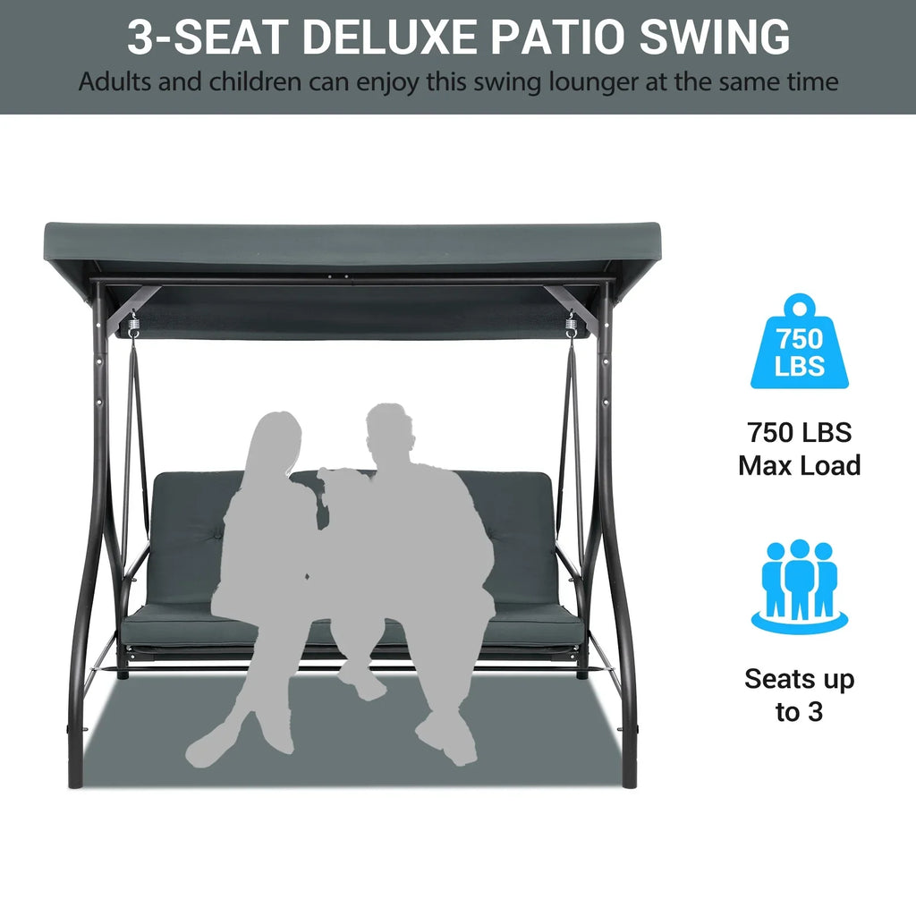 Pirecart 3 Person Patio Porch Swing Outdoor Converting Swing Glider Hammock with Adjustable Canopy, Cushions, Red