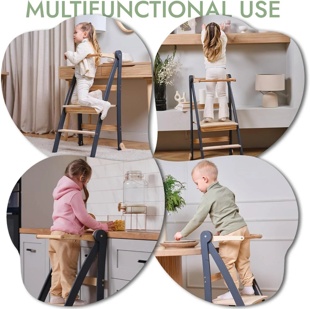 Folding Wooden Kitchen Standing Stool for Toddlers �C Safe & Compact Learning Step Stool, Ages 18 Months+