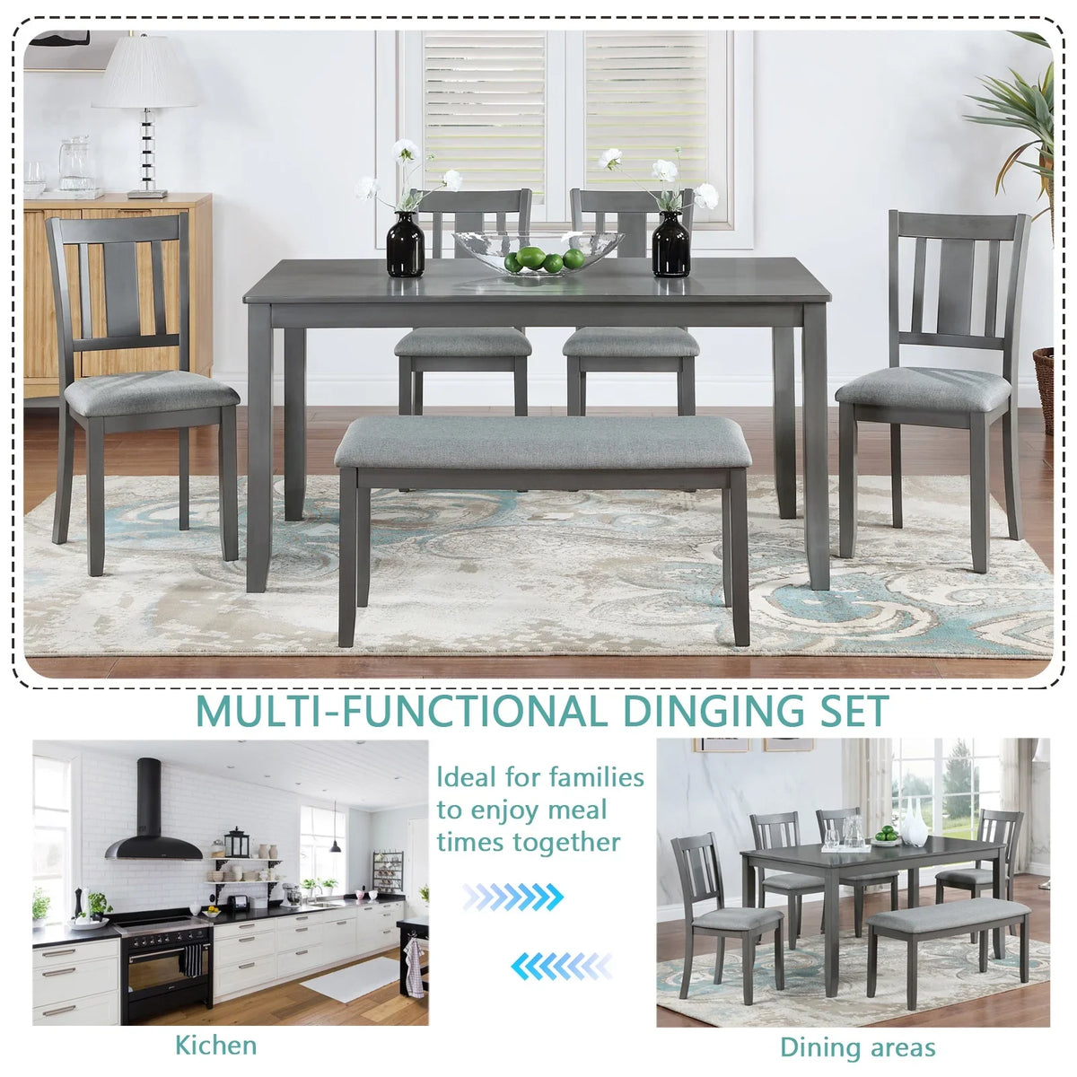 Dining Room Set, LEGAHOME 6 Piece Dining Sets with Bench and Chairs, Solid Wood Kitchen Dining Table Set for 6 with Upholstered Chairs, Gray