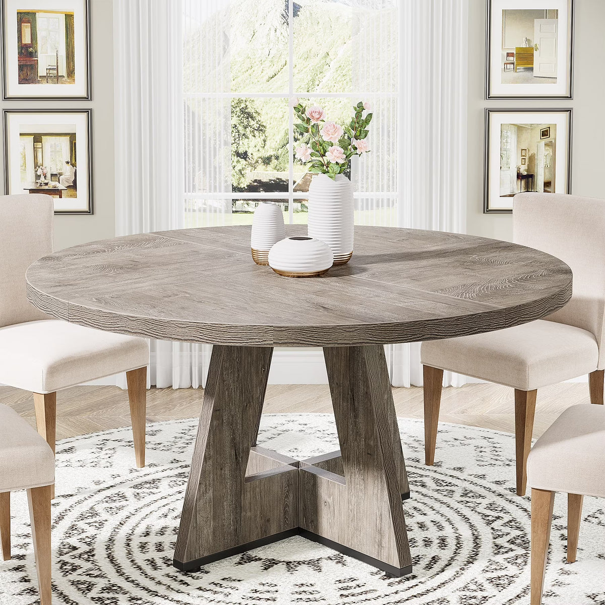 Round Dining Table for 4, 47 Inch Farmhouse Kitchen Table Small Dinner Table Vintage Grey