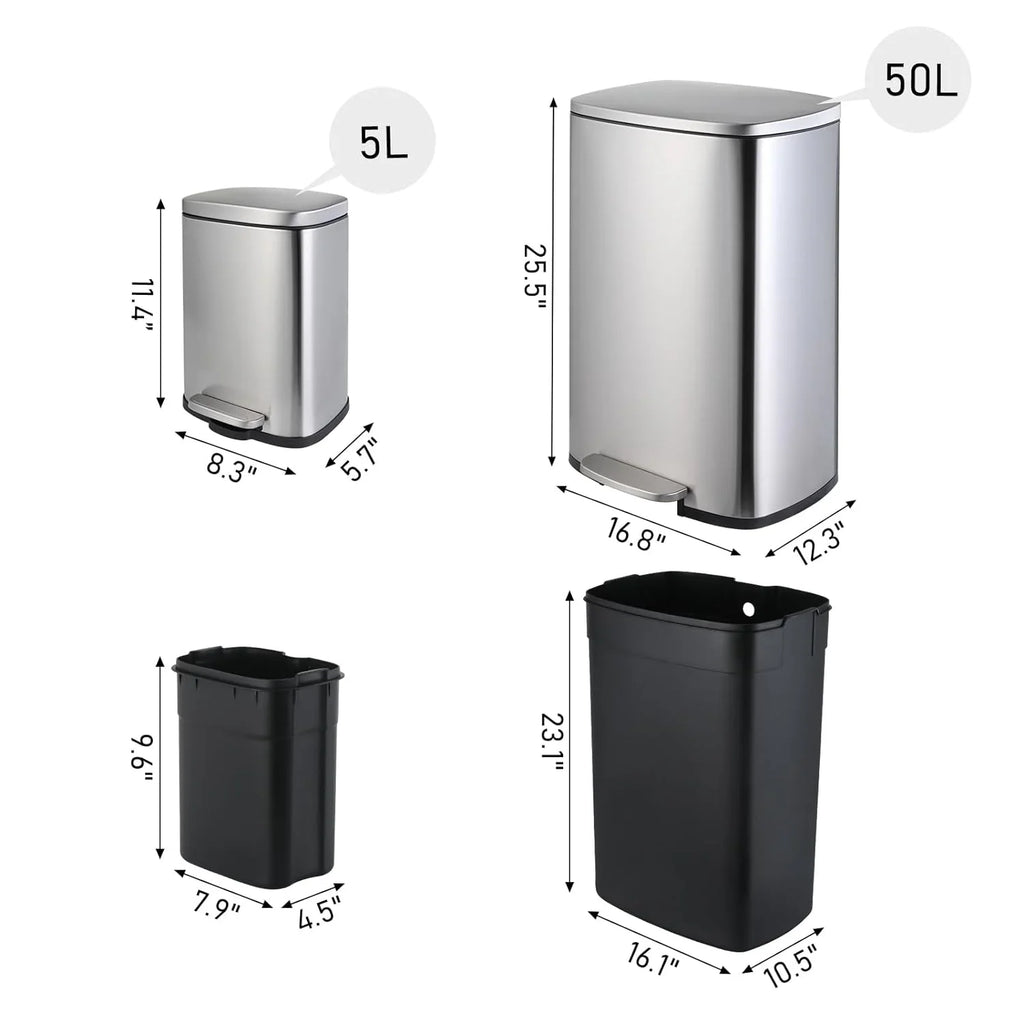 LAZY BUDDY 13.2 Gallon Stainless Steel Kitchen Trash Can with 1.3 Gallon Mini Trash Can, Rectangular Step Garbage Can with Lid