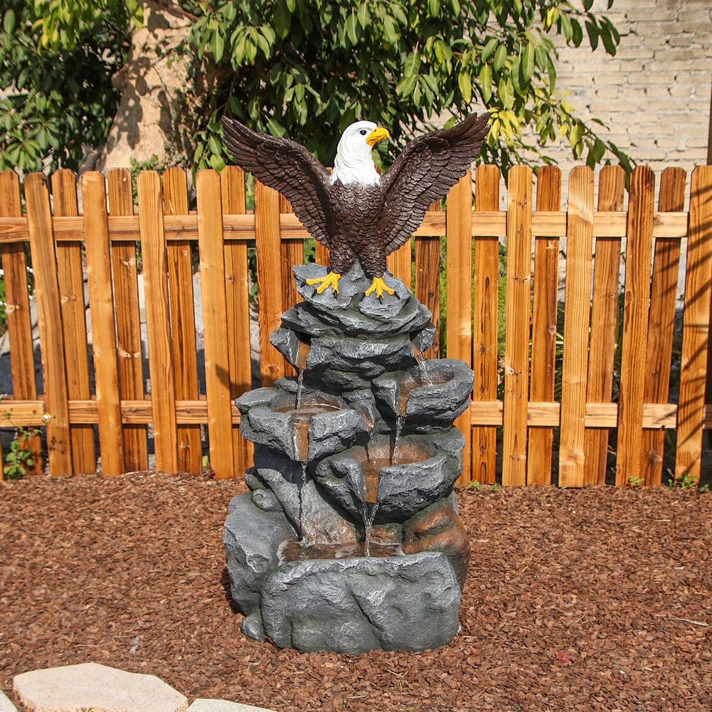 Bald Eagle Statue Outdoor Fountain Tiered Cascading Rock Water Feature for Garden Patio Backyard Porch Deck 38.58" Tall Outdoor Waterfall Sculpture Elegant Garden Decor