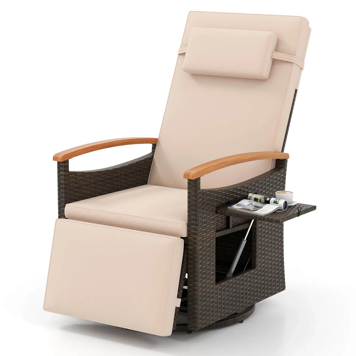 Costway Outdoor 360" Swivel Rattan Recliner Chair Patio Wicker Chaise Lounge Chair Beige