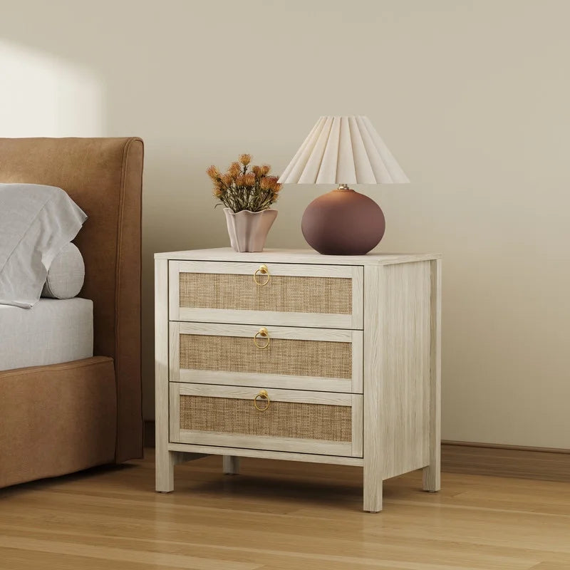 Surmoby Oak Boho 3-Drawer Nightstand Set of 2 - Extra Wide Storage Night Stand with Gold Handles Large&Tall Bed Side Table for Bedroom Living Room Enterway