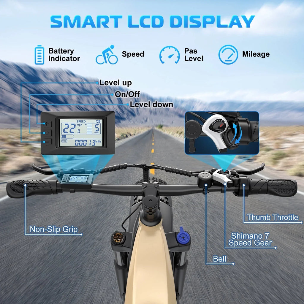 Gocio Electric Bike for Adults, 26" Fat Tire E-Mountain Bike, 1350W Peak Motor 48V 15Ah Battery, 22MPH 7-Speed Ebike for off Road, UL 2849