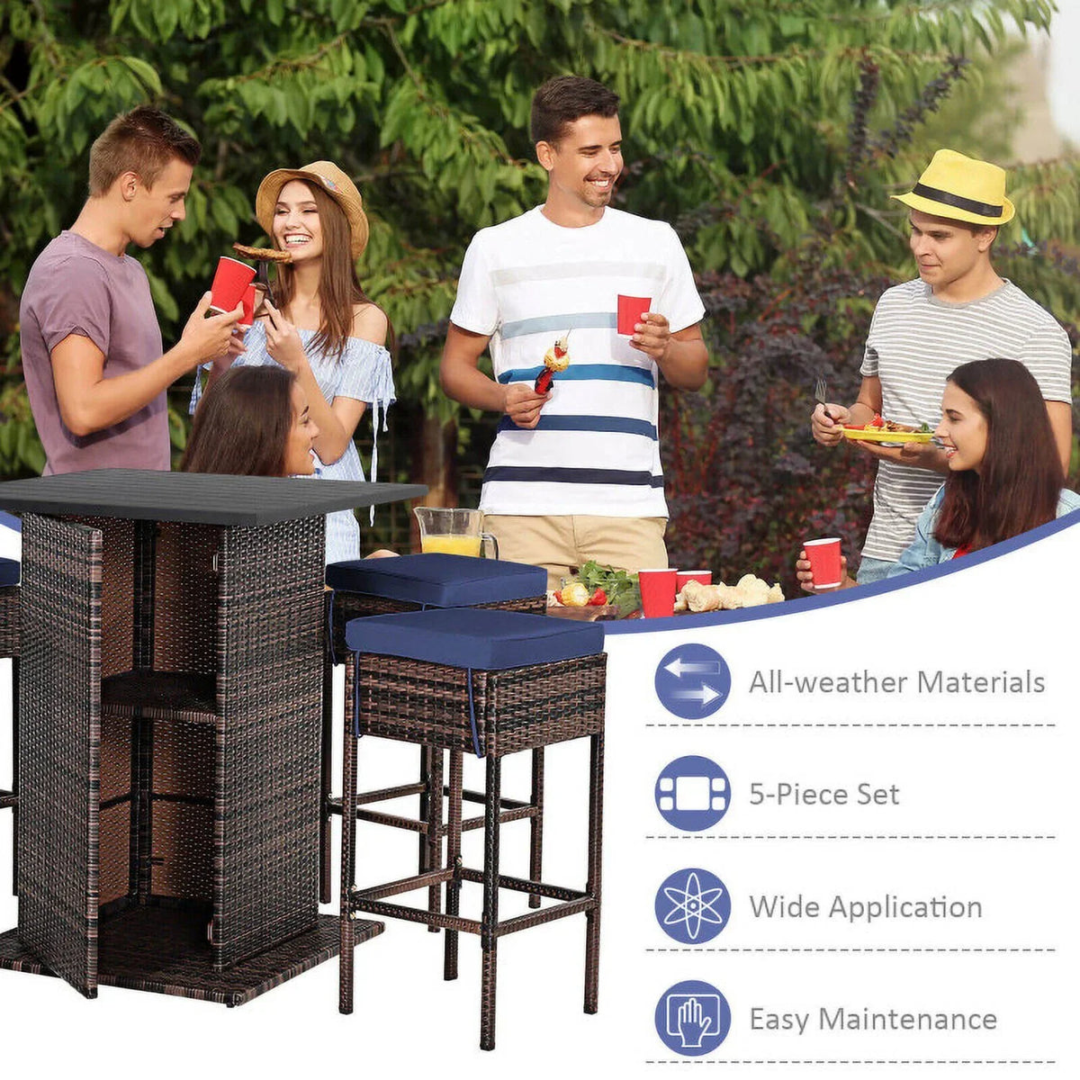 Kadyn Patio Conversation Table Chair Set, Outdoor Collection Set, 5 Pieces Patio Rattan Bar Table Stool Set Hidden Storage Shelf Cushioned-Navy