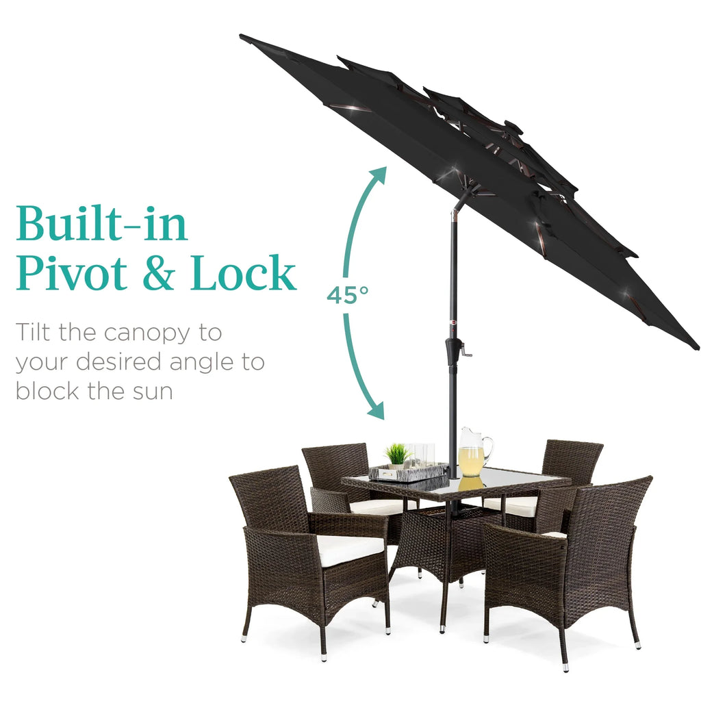 Best Choice Products 10ft 3-Tier Solar Patio Umbrella w/ 24 LED Lights, Tilt Adjustment, Easy Crank - Tan