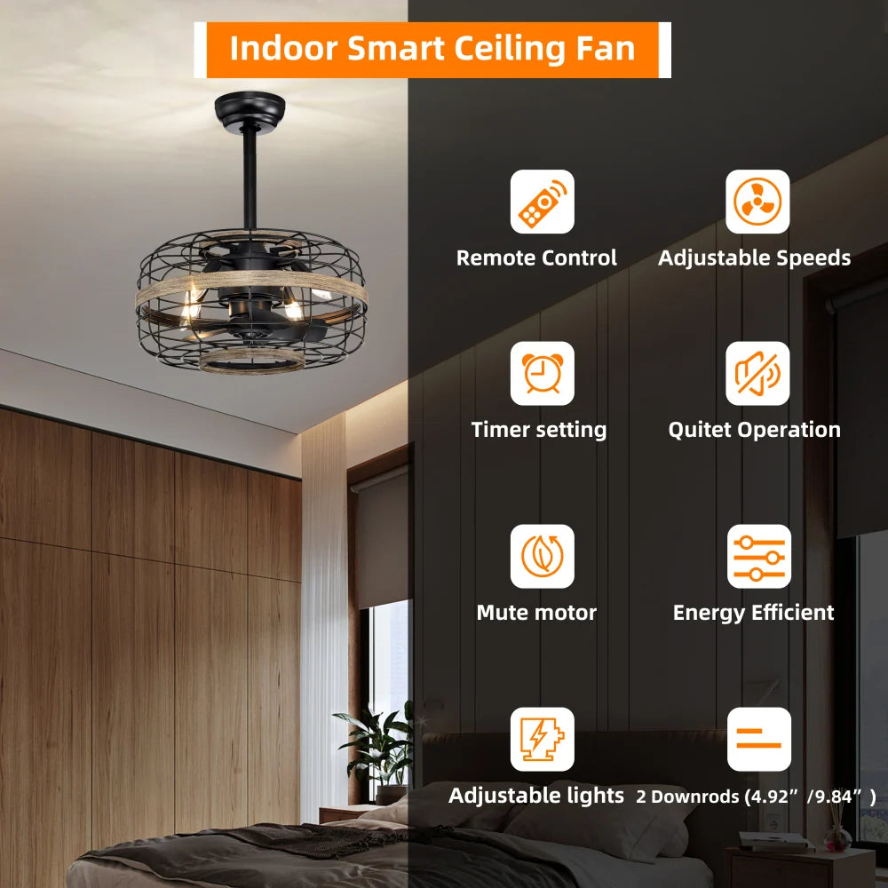 18'' Farmhouse Ceiling Fans Light - Caged Ceiling Fan with Remote Control (3-Speeds Adjustable), Wood Rustic Enclosed Reversible Ceiling Fans for Bedroom, Living Room, Kitchen.