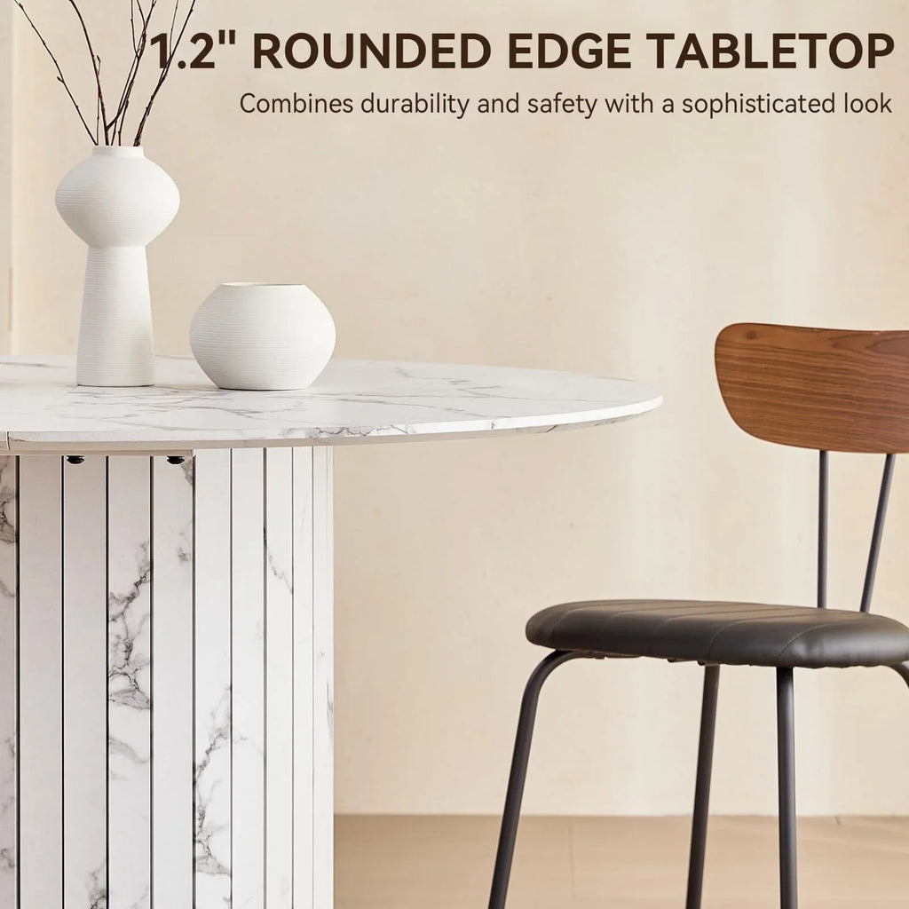 47 inches Modern Round Dining Table, Wood Kitchen Table for 4 with Two-part Tabletop and Wooden Strip Columns Base, Farmhouse Table for Kitchen, Dinning Room, Oak