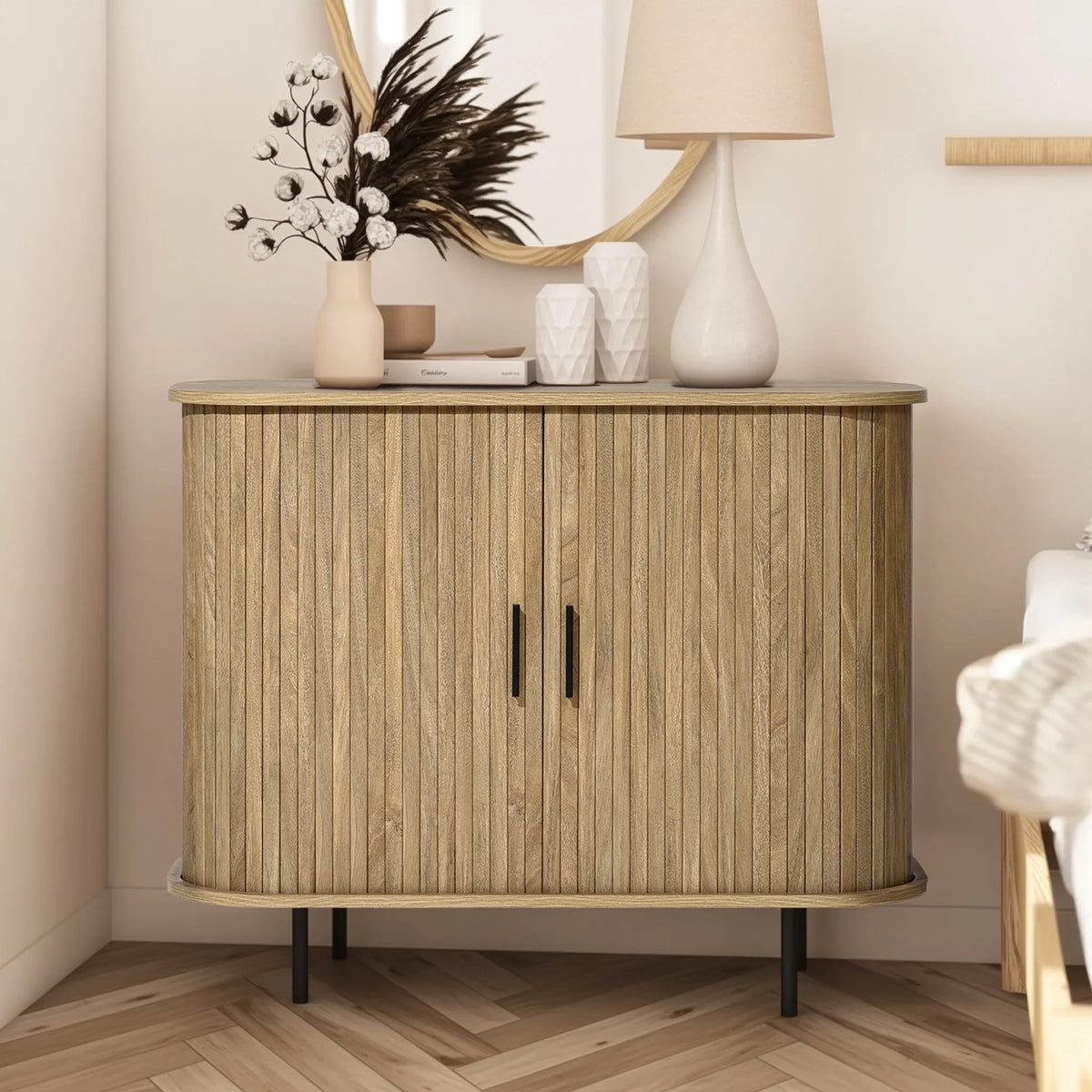 LuxenHome 35" Mid Century Modern Accent Cabinet, Small Buffet Cabinet with Sliding Door, Oak