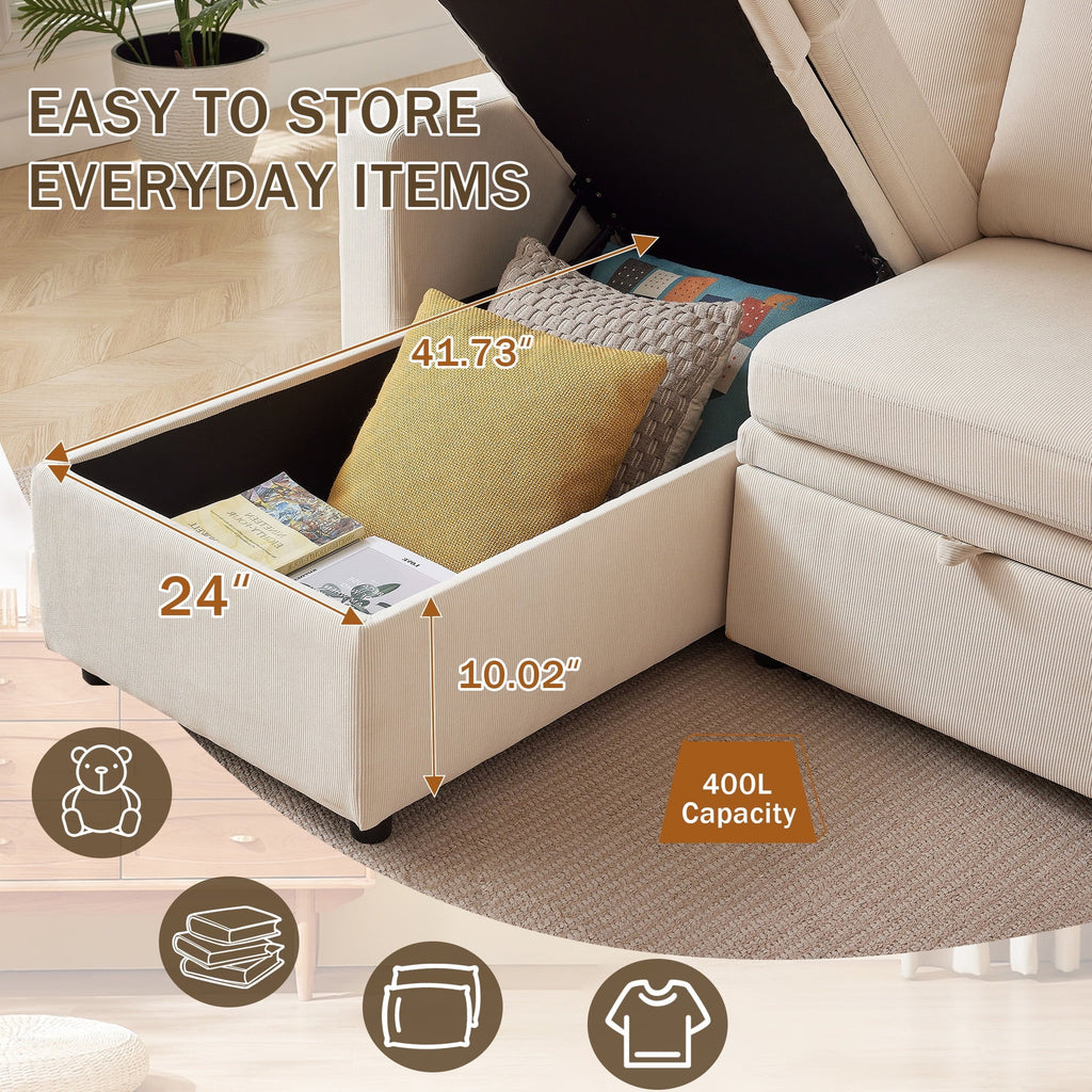 Pingliang Home Pull Out Sleeper Sofa Bed Sectional Sofa with Storage Chaise,L Shaped Sectionals Couches with Side Pockets,Modern Linen Reversible Sofa Couch for Living Room Apartment Office Studio