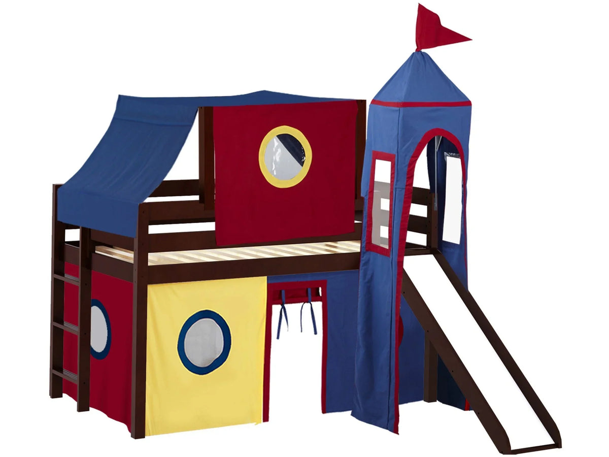 JACKPOT! Castle Low Loft Bed with Slide, Red Yellow and Blue Tent and Tower, Twin, Cherry