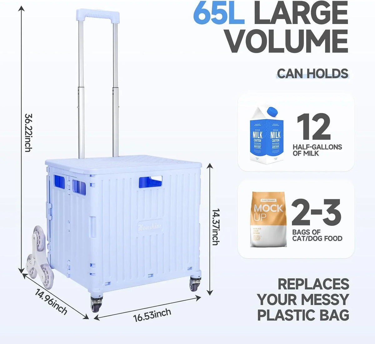 Collapsible Rolling Crate for Stair Climbing: Rolling Cart for Shopping Teacher Laundry (Milky White)
